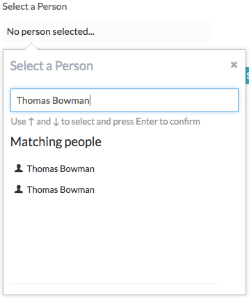 People field with search for "Thomas Bowman" and results displaying two users with the name "Thomas Bowman".