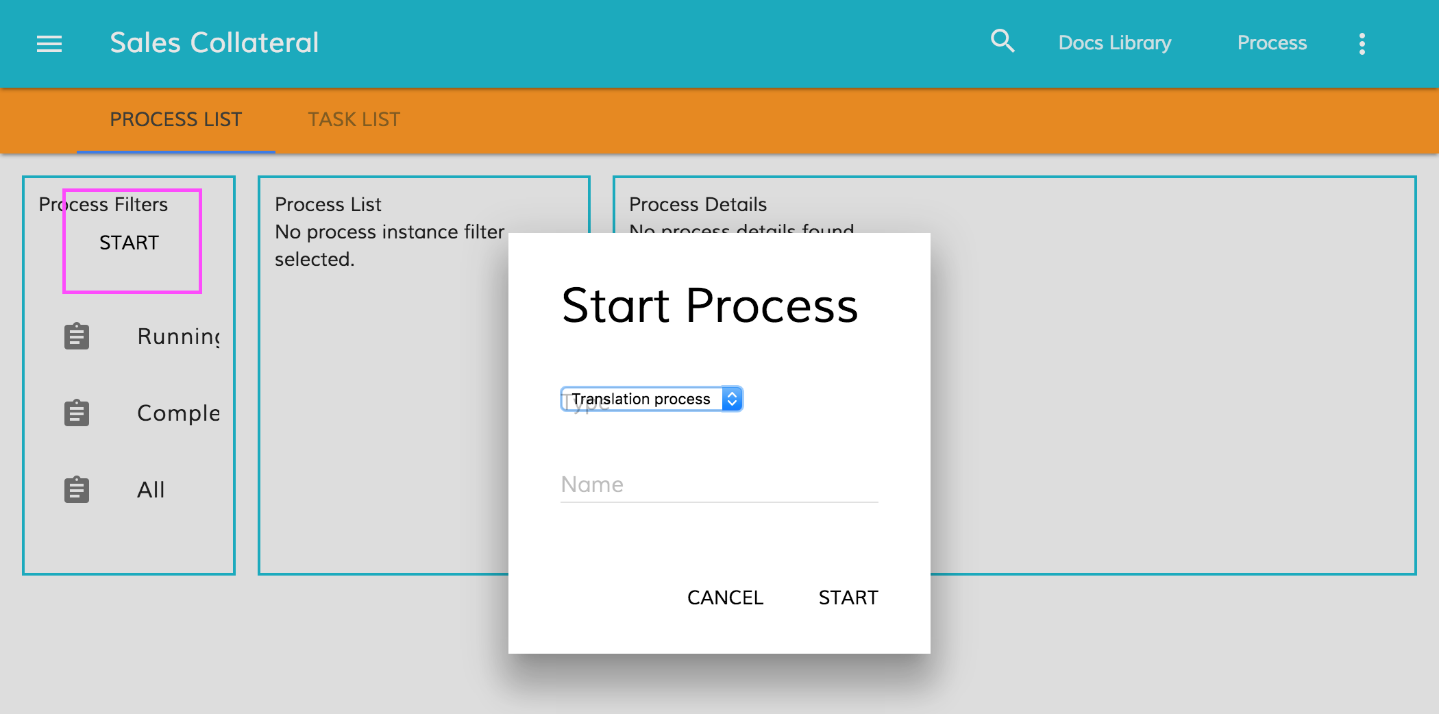 Start Process button and dialogue